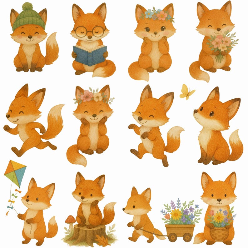 Pode incluir: Uma cole&ccedil;&atilde;o de dez ilustra&ccedil;&otilde;es de raposas de desenhos animados fofas. As raposas s&atilde;o retratadas em v&aacute;rias poses e usam diferentes acess&oacute;rios, como flores, chap&eacute;us e len&ccedil;os. Algumas raposas est&atilde;o segurando livros, flores ou outros objetos. As ilustra&ccedil;&otilde;es s&atilde;o desenhadas em um estilo caprichoso com cores brilhantes e tra&ccedil;os suaves.