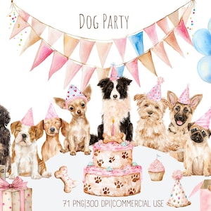 Pode incluir: Ilustração em aquarela de uma festa de cães com várias raças usando chapéus de festa. Um bolo de dois andares com pegadas, balões e uma faixa com a frase "DOG PARTY" também são apresentados. A imagem inclui caixas de presente e um cupcake.