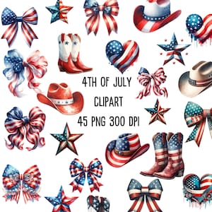 May include: A collection of 4th of July clipart images featuring red, white, and blue stars, bows, cowboy hats, boots, and hearts. The text "4th of July Clipart 45 PNG 300 DPI" is included in the image.