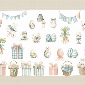 May include: Watercolor illustration featuring Easter-themed elements. Includes decorated eggs, gift boxes with bows, baskets of flowers and eggs, butterflies, birds, and carrots tied with ribbons. Pastel colors of pink, blue, and green dominate the design, with a soft, whimsical aesthetic.