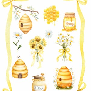 May include: Watercolor illustration featuring honey-themed elements. Includes a beehive, honeycomb, jars of honey, and bouquets of sunflowers and daisies. The image is framed with yellow ribbons and bows, creating a cohesive design.