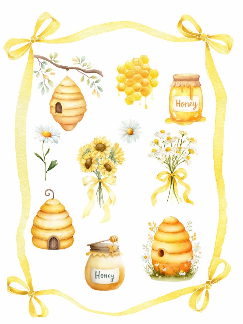 May include: Watercolor illustration featuring honey-themed elements. Includes a beehive, honeycomb, jars of honey, and bouquets of sunflowers and daisies. The image is framed with yellow ribbons and bows, creating a cohesive design.