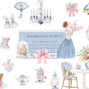 Grandmillennial Clipart, Floral Tea Party, Coquette Bow PNG, Watercolor Romantic Clipart, Blue and White