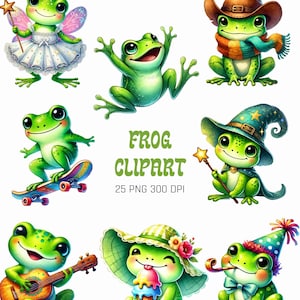 Niedliche Frosch Clipart, Illustrationen, Frosch-Kinderzimmer-Dekor, bunte Frösche Clipart, grüner Frosch PNG, Scrapbooking,