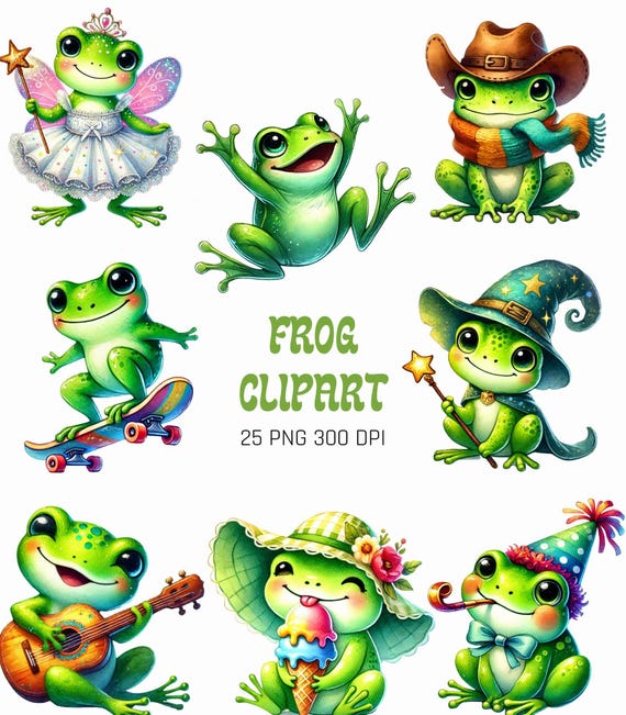 Cute Frog Clipart, Frog Illustrations, Frog Nursery Decor, Colorful Frogs Clipart, Green Frog PNG, Scrapbooking,