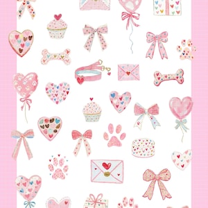 May include: A collection of watercolor illustrations featuring pink and pastel-colored hearts, bows, paw prints, gift boxes, cupcakes, dog bones, and envelopes. The designs are decorated with hearts and paw prints.