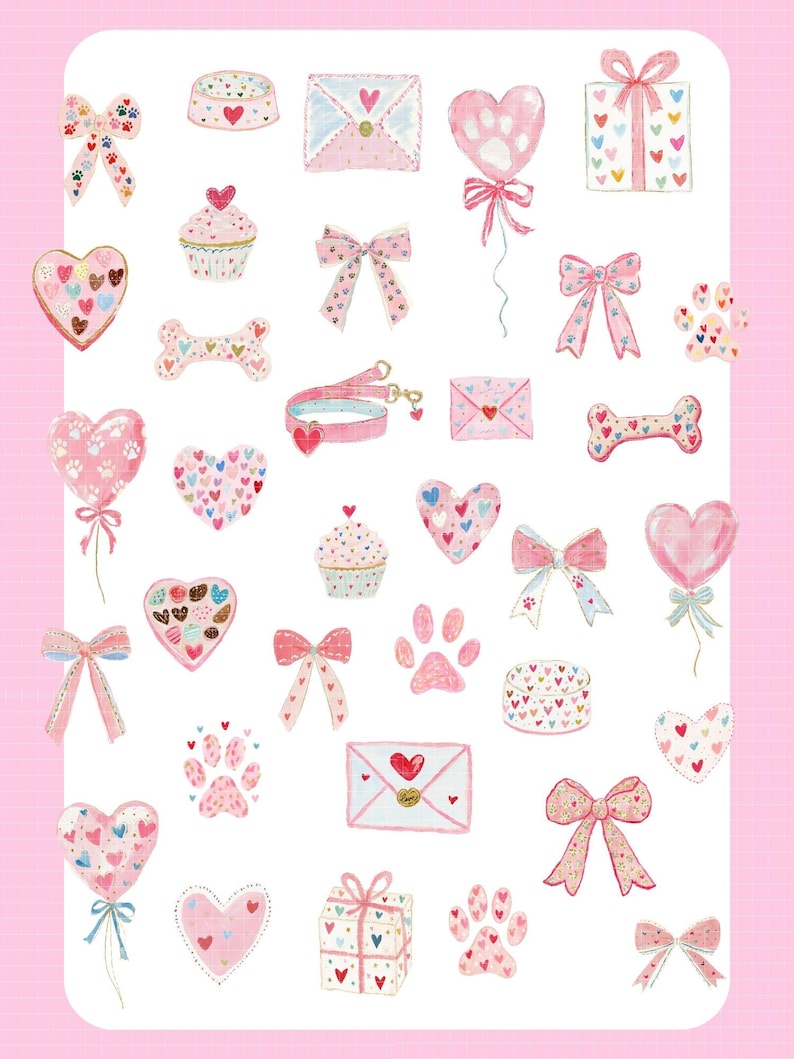 May include: A collection of watercolor illustrations featuring pink and pastel-colored hearts, bows, paw prints, gift boxes, cupcakes, dog bones, and envelopes. The designs are decorated with hearts and paw prints.