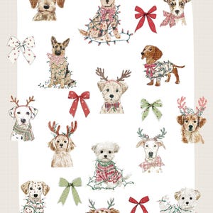 May include: Watercolor illustrations of various dog breeds adorned with festive accessories. The dogs are wearing holiday sweaters, antlers, and string lights. Scattered around the dogs are decorative bows in red, green, and white.