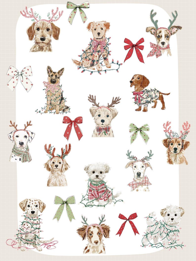 May include: Watercolor illustrations of various dog breeds adorned with festive accessories. The dogs are wearing holiday sweaters, antlers, and string lights. Scattered around the dogs are decorative bows in red, green, and white.