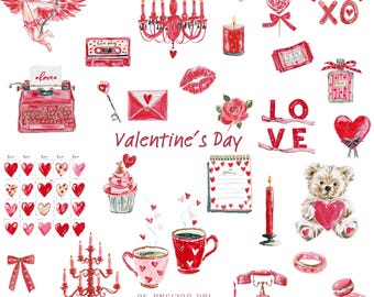 May include: A collection of Valentine's Day themed illustrations in red and pink. Includes a cupid, hearts, a typewriter, a chandelier, a teddy bear, and the word "LOVE". The phrase "Valentine's Day" is also present.