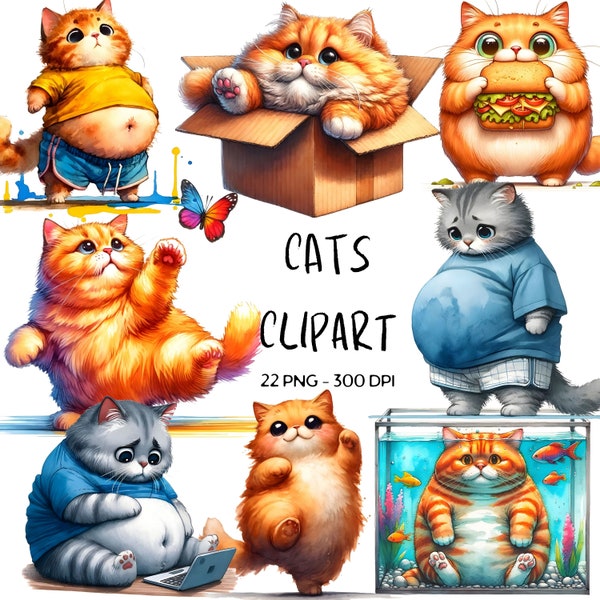 Chubby Fat Cat Clipart Bundle |  Funny and Quirky Cat | Watercolor Chubby  Cute Cat cartoon PNG | Fat Cat Clipart, Junk Journal, Scrapbook