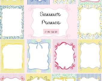 Watercolor Summer Frame Clipart: Bow & Ribbon PNG Border (Commercial Use