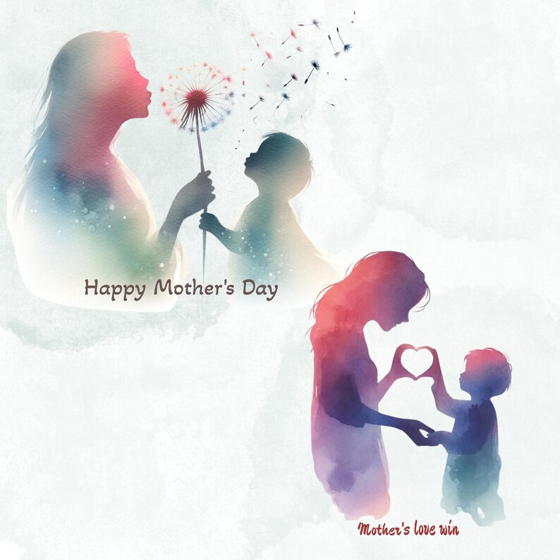 Op de afbeelding: Een aquarel-illustratie van twee moeders en hun kinderen. De bovenste afbeelding toont een moeder die op een paardenbloem blaast terwijl haar kind naast haar staat. De tekst "Happy Mother's Day" staat onder de afbeelding. De onderste afbeelding toont een moeder die een hartvorm maakt met haar handen terwijl haar kind toekijkt. De tekst "Mother's love win" staat onder de afbeelding.