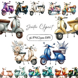 Clipart scooter acquerello, Clipart Vespa, PNG scooter elettrico, Clipart scooter retrò, Uso commerciale