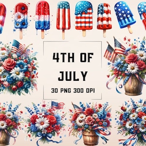 Clipart 4 juillet, clipart bouquet de fleurs étoilées, glace 4 juillet png, clipart fleurs patriotiques, png de sucettes glacées patriotiques,