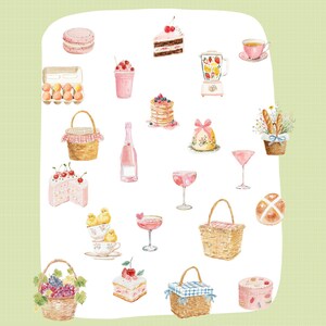 May include: Watercolor illustration of picnic-themed items. Includes a pink champagne bottle, cakes, macarons, a blender, baskets, cocktails, tea, and a carton of eggs. The image has a soft, pastel color palette.
