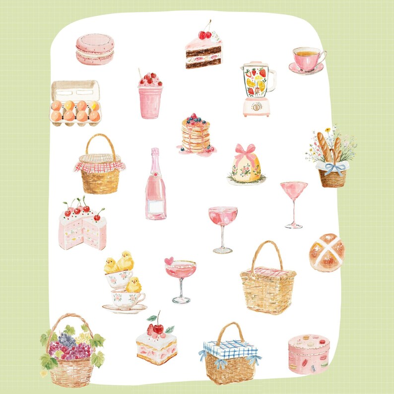 May include: Watercolor illustration of picnic-themed items. Includes a pink champagne bottle, cakes, macarons, a blender, baskets, cocktails, tea, and a carton of eggs. The image has a soft, pastel color palette.