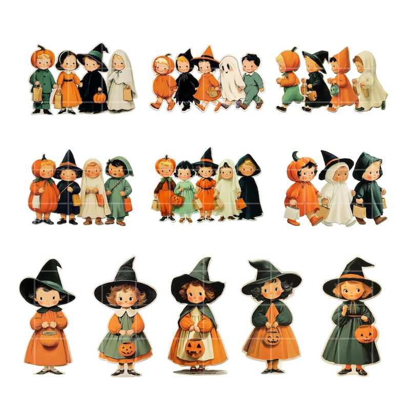 Retro Halloween Clipart Set: Ghost, Pumpkin, Witch PNG (Printable Stickers, Commercial Use) image 3