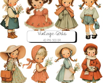 Clipartbundel aquarel retro meisje: vintage png-illustraties voor kinderen