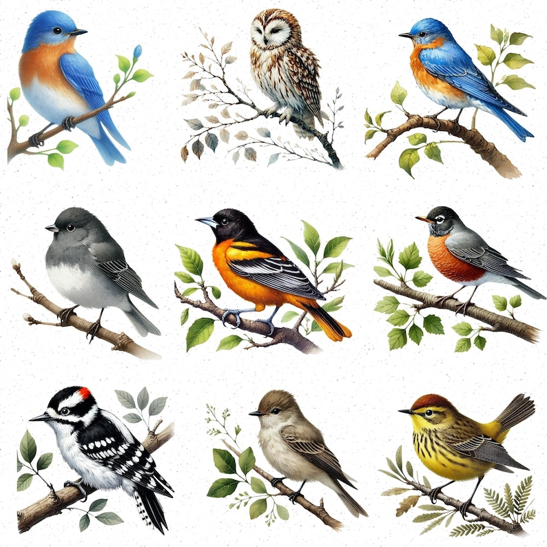 May include: A digital illustration of ten different bird species, including a bluebird, a robin, an oriole, a warbler, and a woodpecker. The birds are depicted in a variety of poses, with some perched on branches and others in flight.