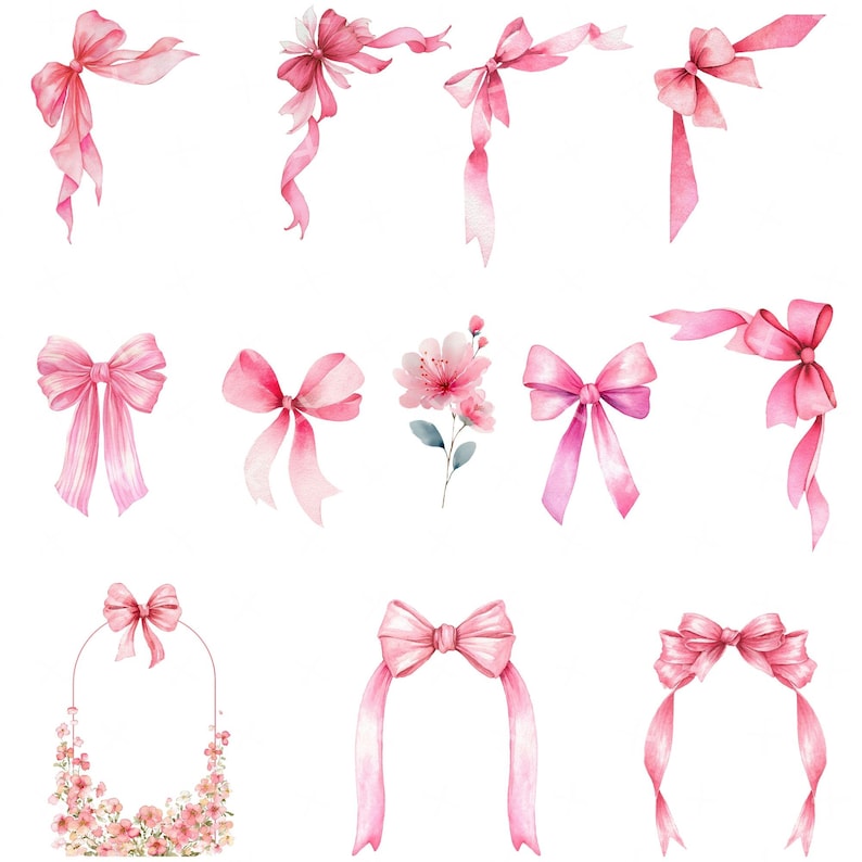 Watercolor Pink Ribbon Floral Clipart: Wreath & Frame PNG - Etsy