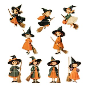 Retro Halloween Clipart Set: Ghost, Pumpkin, Witch PNG (Printable Stickers, Commercial Use) image 2