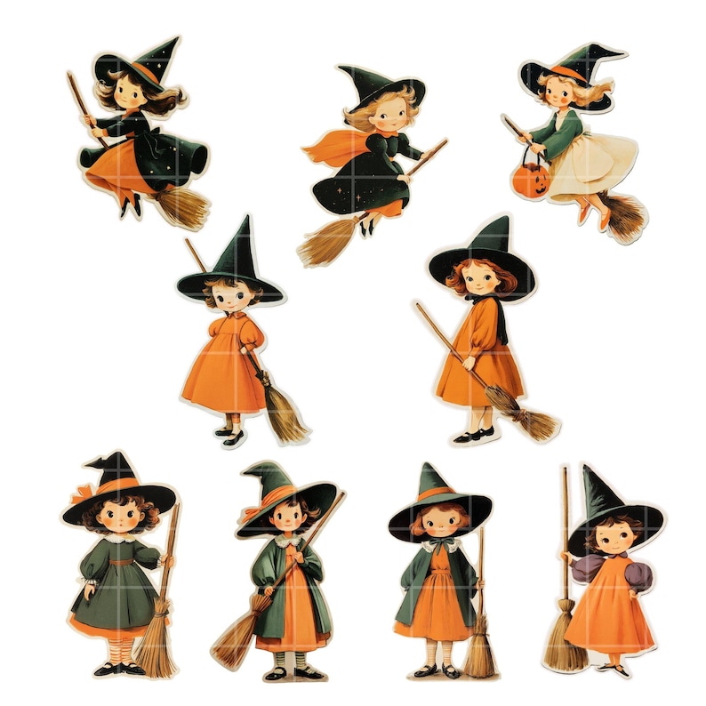 Retro Halloween Clipart Set: Ghost, Pumpkin, Witch PNG (Printable Stickers, Commercial Use) image 2