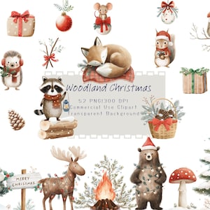 Akvarell jul skogsdjur Clipart: Julhjort, räv, björn PNG