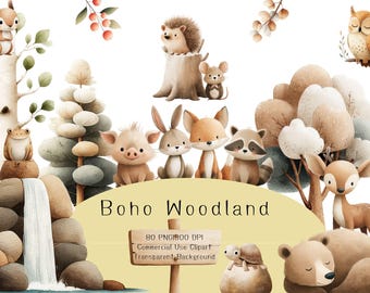 Imágenes prediseñadas de animales del bosque bohemio: arte infantil forestal PNG