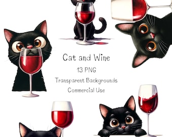 Aquarell schwarze Katze & Wein Clipart: Lustige Katze PNG (Kommerzielle Nutzung)