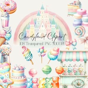 Clipart di caramelle ad acquerello, Clipart di caramelle pastello, Zucchero filato, Clipart di dolci ad acquerello, Macaron, Lecca-lecca, Uso commerciale