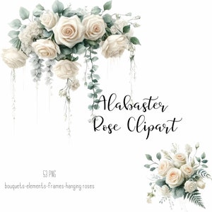 Weiße Rose Clipart, Alabaster Aquarell Blumen PNG, Rosenrahmen, Hochzeitseinladung, vorgefertigte Rosen Clipart, Hochzeitsblumen, Rosenstrauß