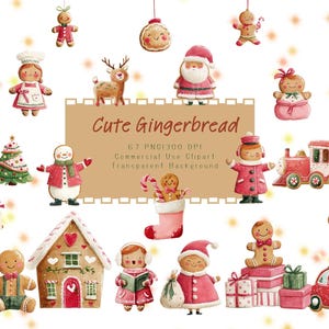 May include: A collection of watercolor Christmas-themed clip art featuring gingerbread people, reindeer, a snowman, Santa Claus, a gingerbread house, and a car. The text "Cute Gingerbread" is displayed on a brown background.
