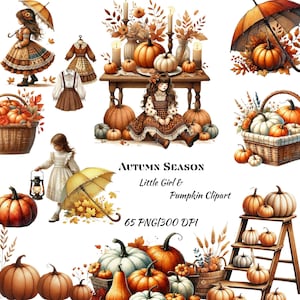 Vintage schattig meisje clipart, herfst klein meisje, herfst seizoen clipart, pompoen decor png, aquarel pompoen clipart