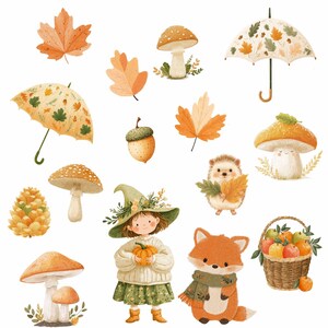Op de afbeelding: Een verzameling grillige illustraties met herfstthema. De afbeelding toont een meisje met een heksenhoed, een vos met een sjaal, paddenstoelen, bladeren, eikels, een egel, een mand met appels en twee paraplu's. Het kleurenpalet omvat oranje, groen en bruin.