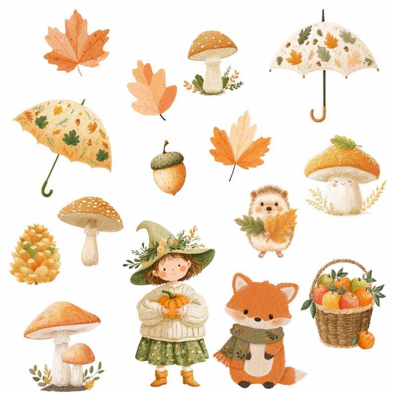Op de afbeelding: Een verzameling grillige illustraties met herfstthema. De afbeelding toont een meisje met een heksenhoed, een vos met een sjaal, paddenstoelen, bladeren, eikels, een egel, een mand met appels en twee paraplu's. Het kleurenpalet omvat oranje, groen en bruin.