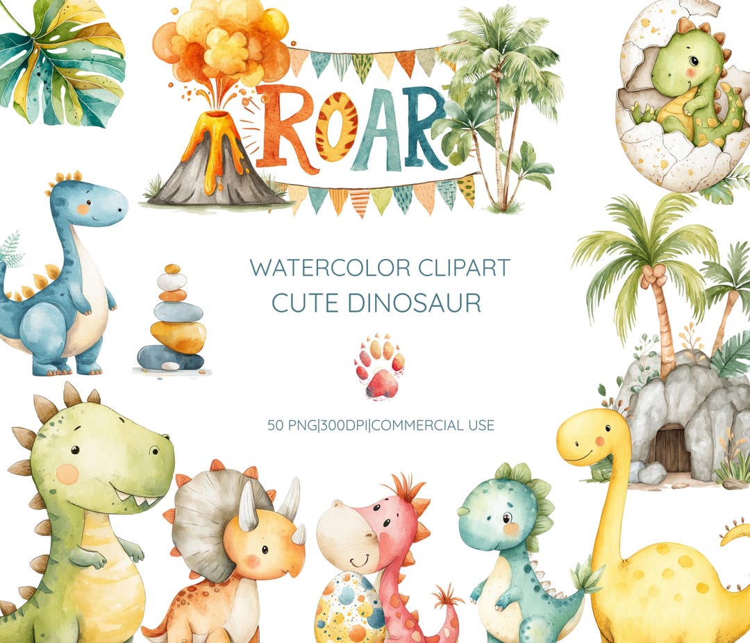 Watercolor Dinosaur Clipart: Pastel Baby Dino Nursery Decor PNG - Etsy