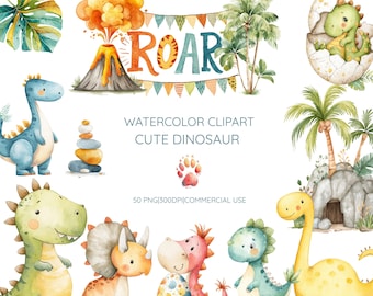 May include: Watercolor clipart featuring various cute dinosaurs in shades of green, blue, yellow, and pink. The image includes a volcano, palm trees, and the word "ROAR" in orange letters. Text reads "WATERCOLOR CLIPART CUTE DINOSAUR".