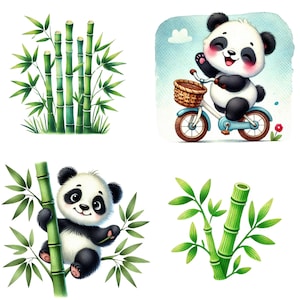 May include: Four illustrations featuring cute pandas and bamboo plants. One panda is riding a blue bicycle with a basket. Another panda is holding a bamboo stalk. Two bamboo plants are shown in the other illustrations.