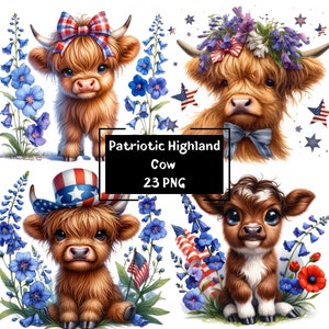 Patriotic highland cow clipart, Highland cow PNG, 4th of July Clipart, Patriotic baby cow clipart, Fourth of July Clipart