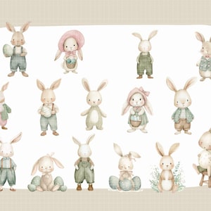 May include: Watercolor illustration of various bunnies in pastel colors. The bunnies are dressed in overalls, jackets, and hats, some holding eggs and baskets. The image has a soft, whimsical feel, perfect for Easter-themed designs.