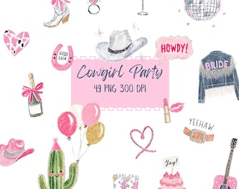 Watercolor Cowgirl Bachelorette Clipart, Pink Graphics, Disco Cowgirl PNG