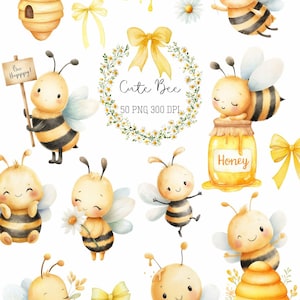 Watercolor Bee Clipart Set: Floral Wreath, Honeycomb Digital Download PNG