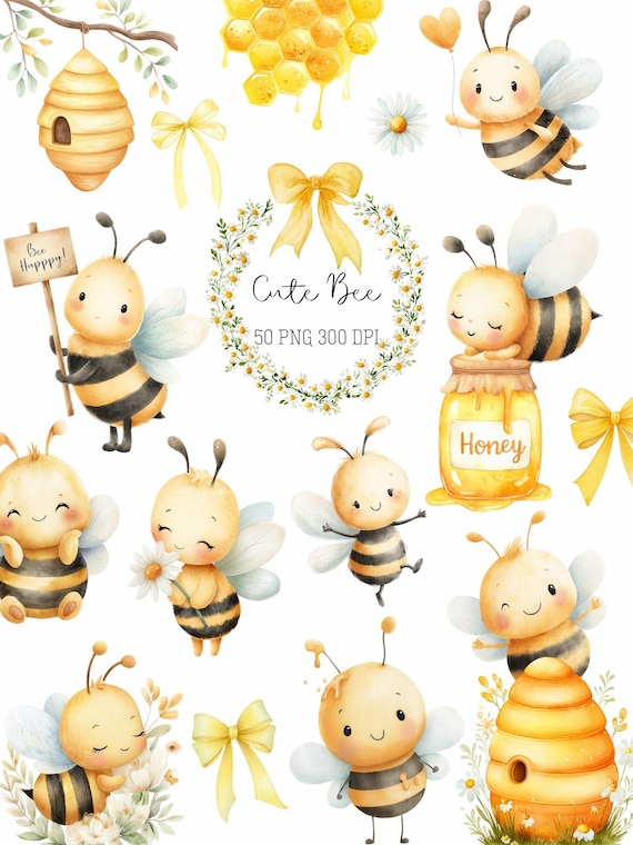Watercolor Bee Clipart Set: Floral Wreath, Honeycomb Digital Download PNG