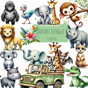 Clipart animaux de safari, animaux mignons PNG, clipart chambre d'enfant dans la jungle, aquarelle Safari PNG, clipart safari dans la jungle, bébés animaux PNG