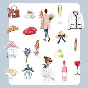 May include: Watercolor illustration of Parisian lifestyle elements. Includes a brown purse, coffee cup, croissant, red beret, a person carrying flowers and baguettes, champagne, a white jacket, a sun hat, perfume, lavender, a bottle of wine, and lipstick.