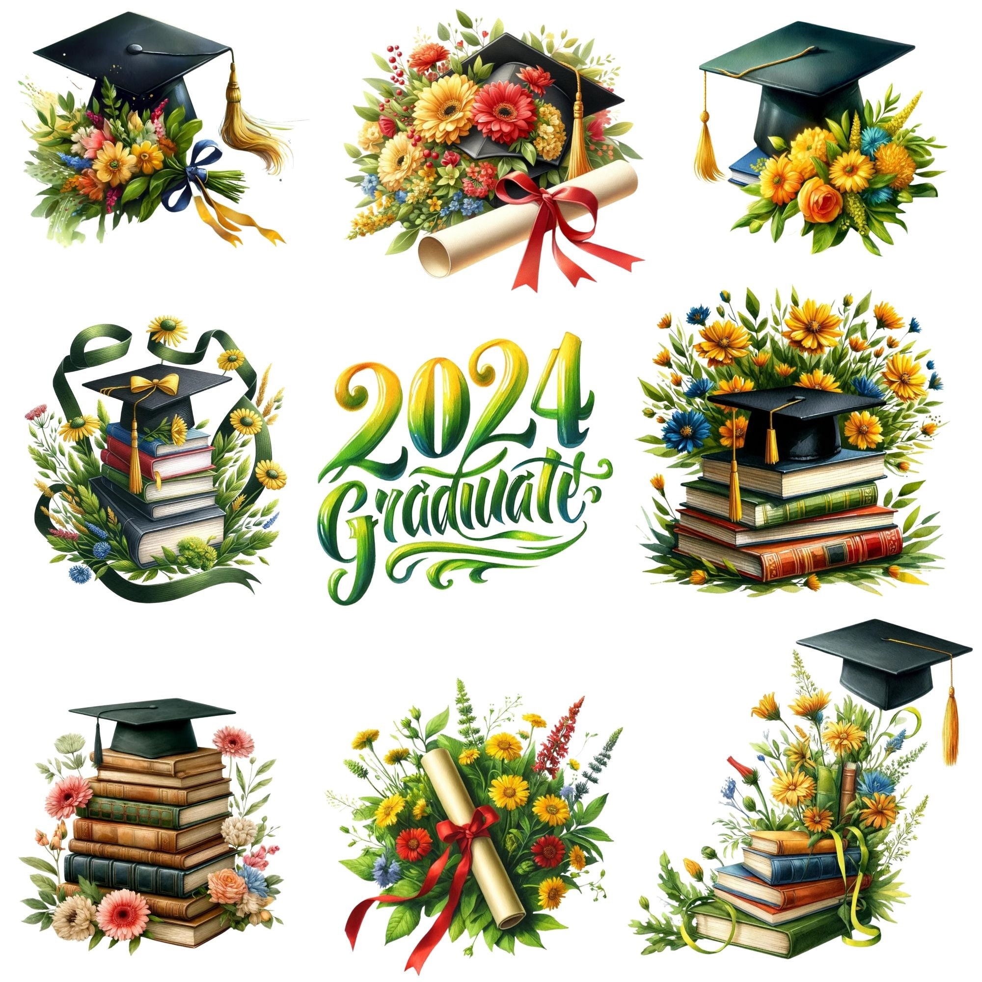 Watercolor Graduation Clipart Grad Floral Clipart Class of 2024, Graduates 2024, Digital