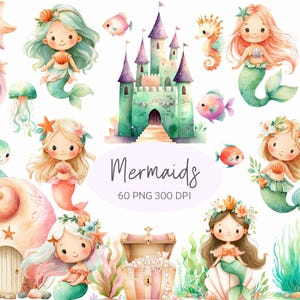 Watercolor Mermaid Clipart: Pastel Under the Sea PNG