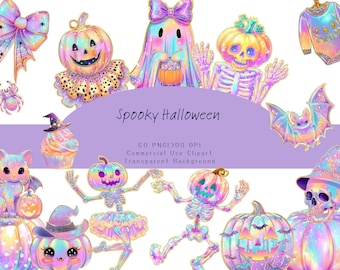 Iridescent Halloween Clipart Bundle: Kawaii Spooky Art, Glitter Ghost PNG