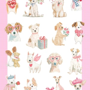 May include: A collection of watercolor illustrations of various dog breeds. Each dog is depicted with Valentine's Day themed accessories, such as hearts, roses, gifts, and teddy bears. The background is a light pink grid pattern.